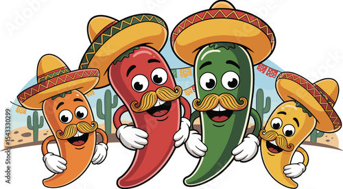 Colorful Cartoon Mexican Peppers with Sombreros and Mustaches, Fun Fiesta Characters