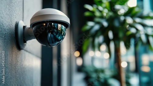 A close-up of a security camera installed in a modern urban environment, emphasizing the importance of surveillance and safety in contemporary society with green surroundings.