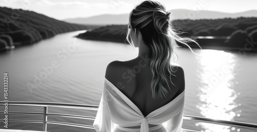 Woman gazing at serene river landscape from a yacht deck at sunset