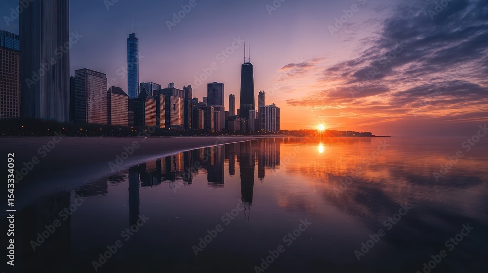 Naklejka premium Chicago skyline at sunrise, reflected in calm water. Sunrise over city buildings, mirroring in tranquil lake. Soft colors of dawn, hazy sky