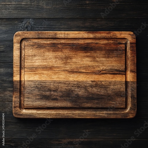 An overhead shot of a wooden cutting board set on a dark wooden table