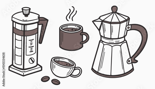 Set for coffee lovers. Isolated coffee elements. French press, coffee machine, mug, cup, milk pitcher, kettle. Icon collection for menu, coffee shop. Hand drawn modern Vector illustration             