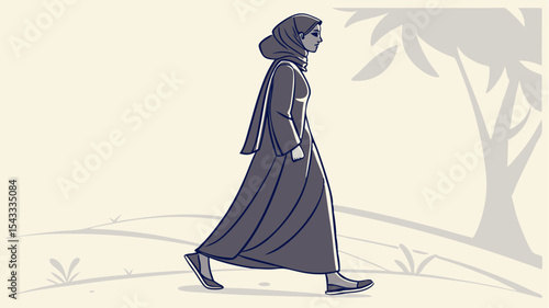 Silhouette of conservative woman in abaya-style outfit, walking calmly.

