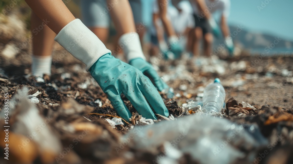 Obraz premium This meaningful image illustrates volunteers cleaning litter from a beach, emphasizing community efforts toward environmental conservation and the importance of preserving natural spaces.