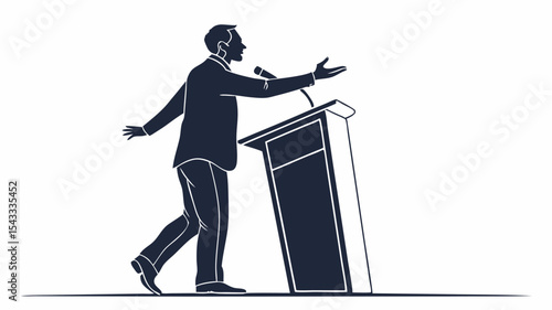 Silhouette of man giving presentation, isolated on white.

