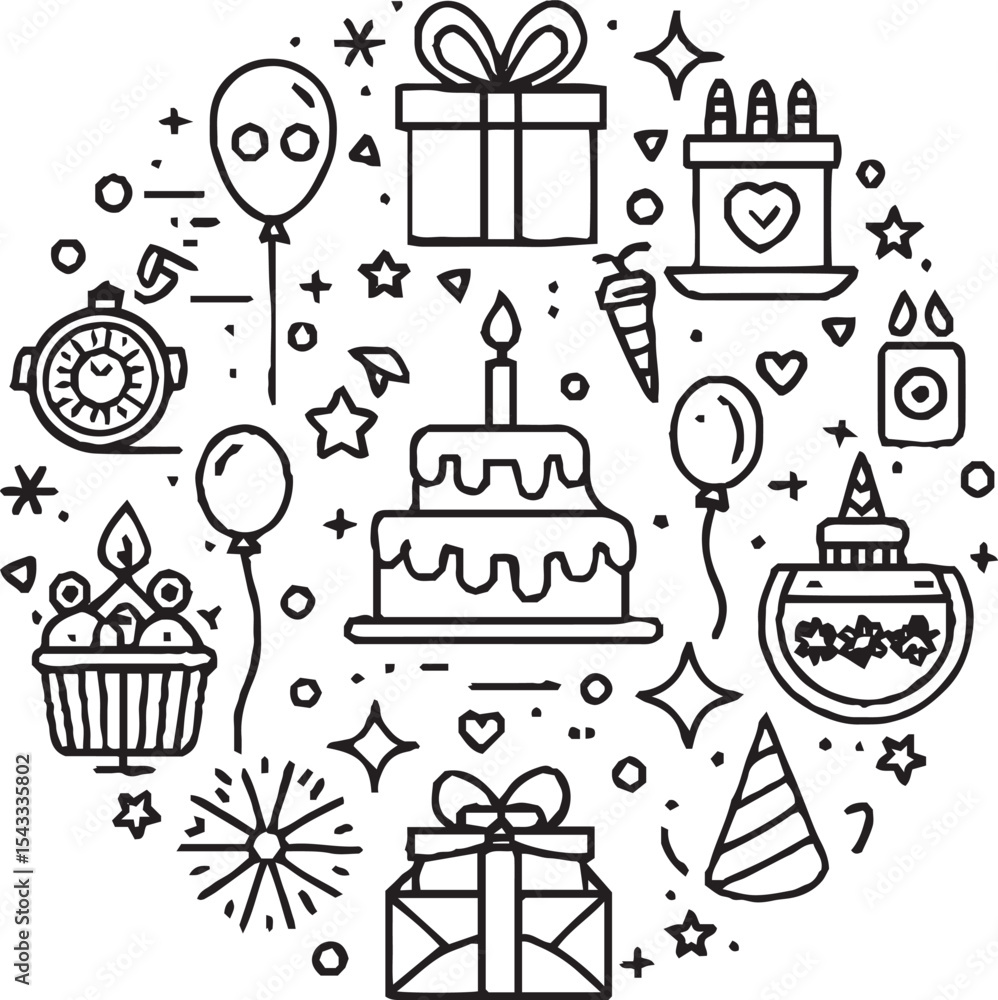 Fototapeta premium A festive line art illustration featuring birthday-themed icons such as a cake, balloons, gifts, party hats, champagne glasses, fireworks, and decorations, all arranged in a circular layout.