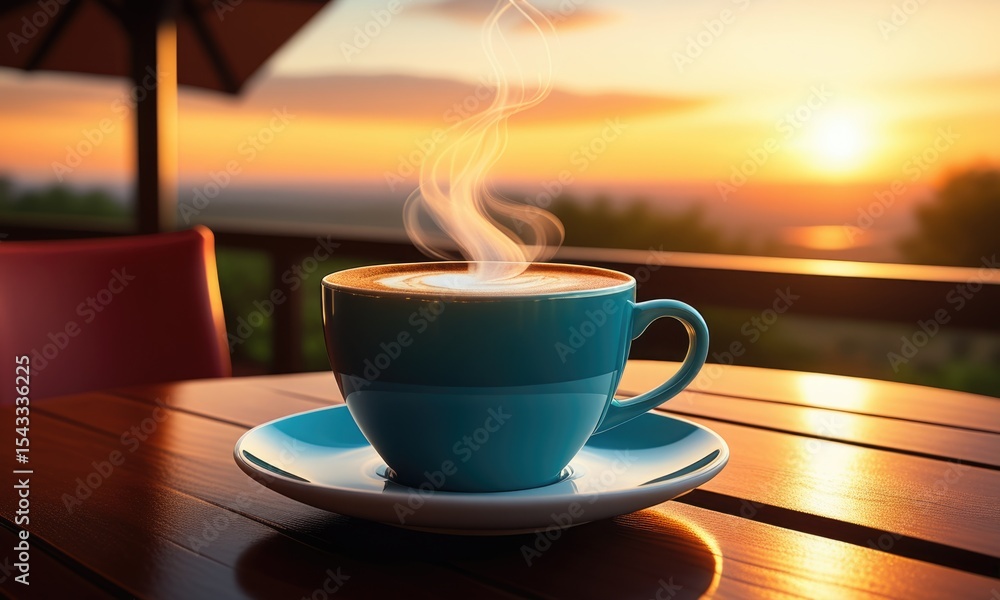 Obraz premium Steaming coffee cup on wooden table at sunrise with blurred background