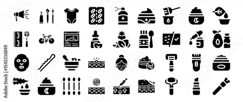 Black Glyph Icons Bundle 30 Skincare Beauty Cosmetics Collection