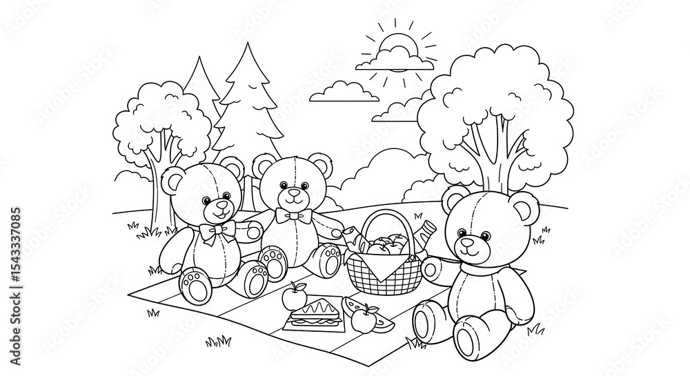 Fototapeta premium Teddy bear picnic coloring page for kids, cute bears in park, printable activity sheet for fun on transparent background