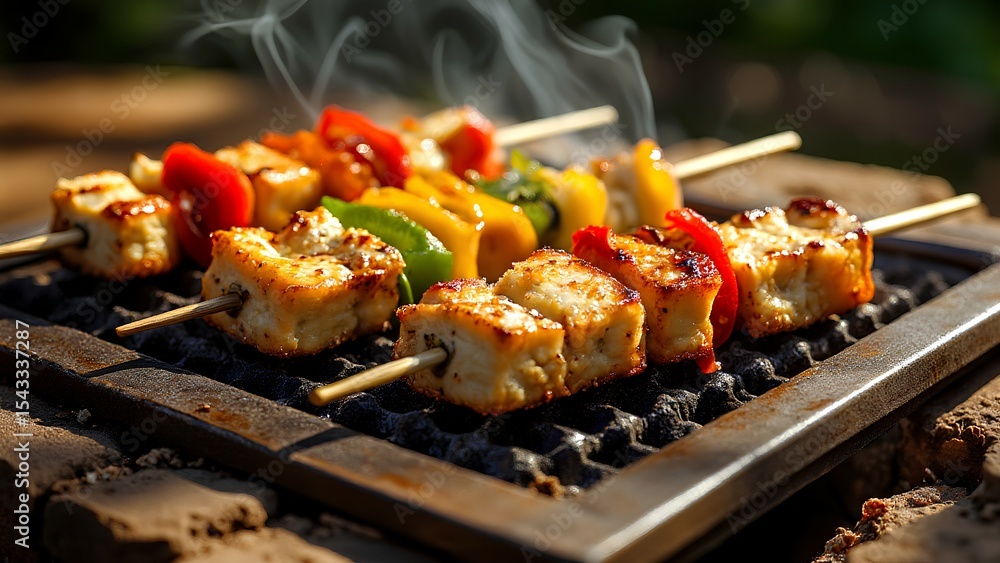 Naklejka premium Grilled vegetable and tofu skewers sizzling on a barbecue grill, releasing steam and vibrant colors under natural light.