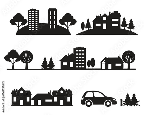 Vector illustration of a city skyline with a set of house silhouettes, perfect for urban architecture and town design