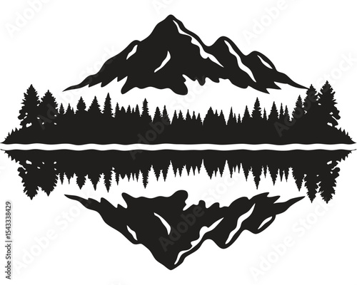 Mountain landscape vector illustration: snow-capped peaks reflecting in a cold lake under a vast sky