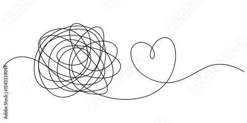 Valentine's Day Heart Doodle Single Continuous Thin Line Drawing Border, Chaotically tangled line and tangled heart. Psychotherapy for couple concept of solving problems is easy. Unravels chaos