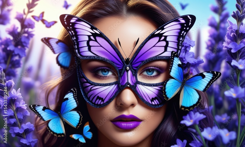 Obraz premium Dreamy woman with butterfly mask and lavender blossoms in vibrant fantasy setting