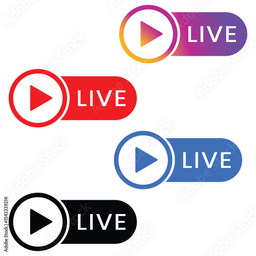 Social media live badge. Instagram, youtube, facebook style live sticker. Vlog airing sticker. Set live streaming button icon. Red. blue, purple and black color sign set. Vector illustration.
