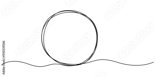 Continuous one line drawing of black circle. Round frame sketch outline on white background. Doodle illustration, Circle line one frame art hand single shape vector zen drawn abstract round.