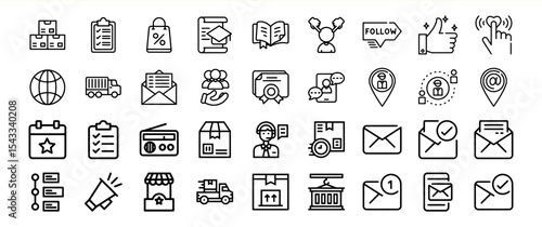 Black Line Icons Collection of Delivery Logistics E commerce and Communication Symbols