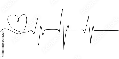Continuous one line drawing of heart beat pulse line with love shape. Heart care in single line draw illustration. Editable stroke, Heartbeat Continuous Line Art Illustration, Illustration of a heart
