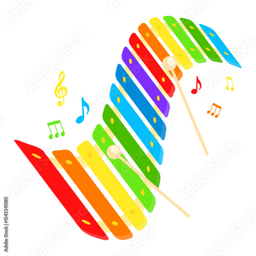 Bright colorful xylophone made of wooden plates in rainbow colors of different lengths. Wooden sticks knocking areas us extracting notes of the melody. Flat vector isolated on white background