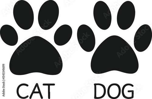 Cat and dog paw prints simple black icons pet animal and white background