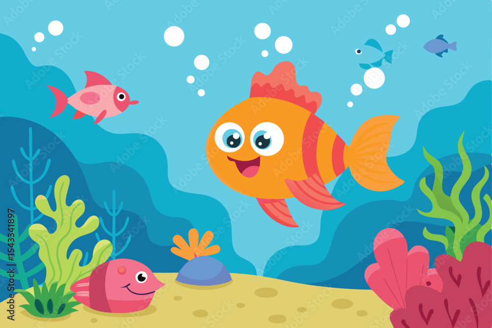 Fototapeta premium cartoon scene with coral reef and happy fishes