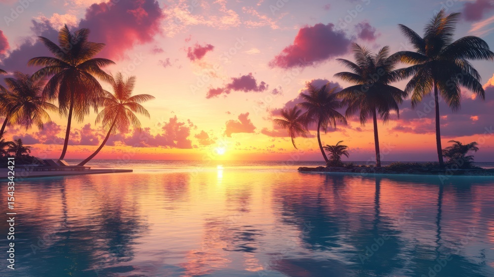 Tropical paradise sunset over calm ocean. Palm trees line the shore