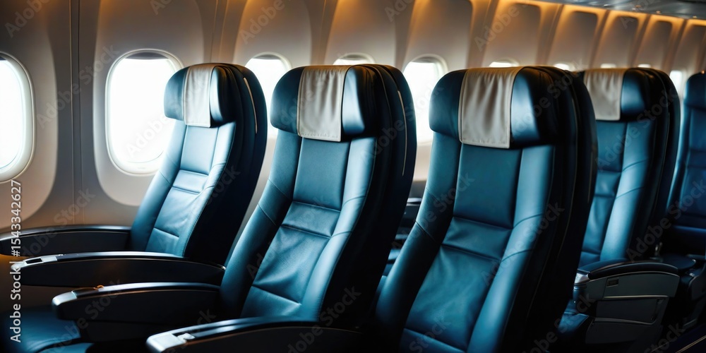 Obraz premium Comfortable airline seating in modern aircraft cabin with soft lighting