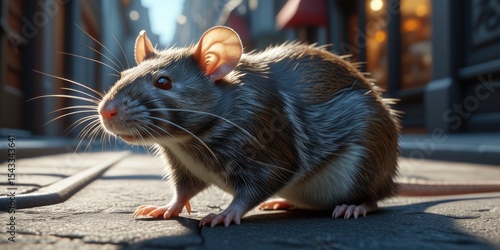 Fototapeta Naklejka Na Ścianę i Meble -  Curious rat exploring city streets in bright daylight