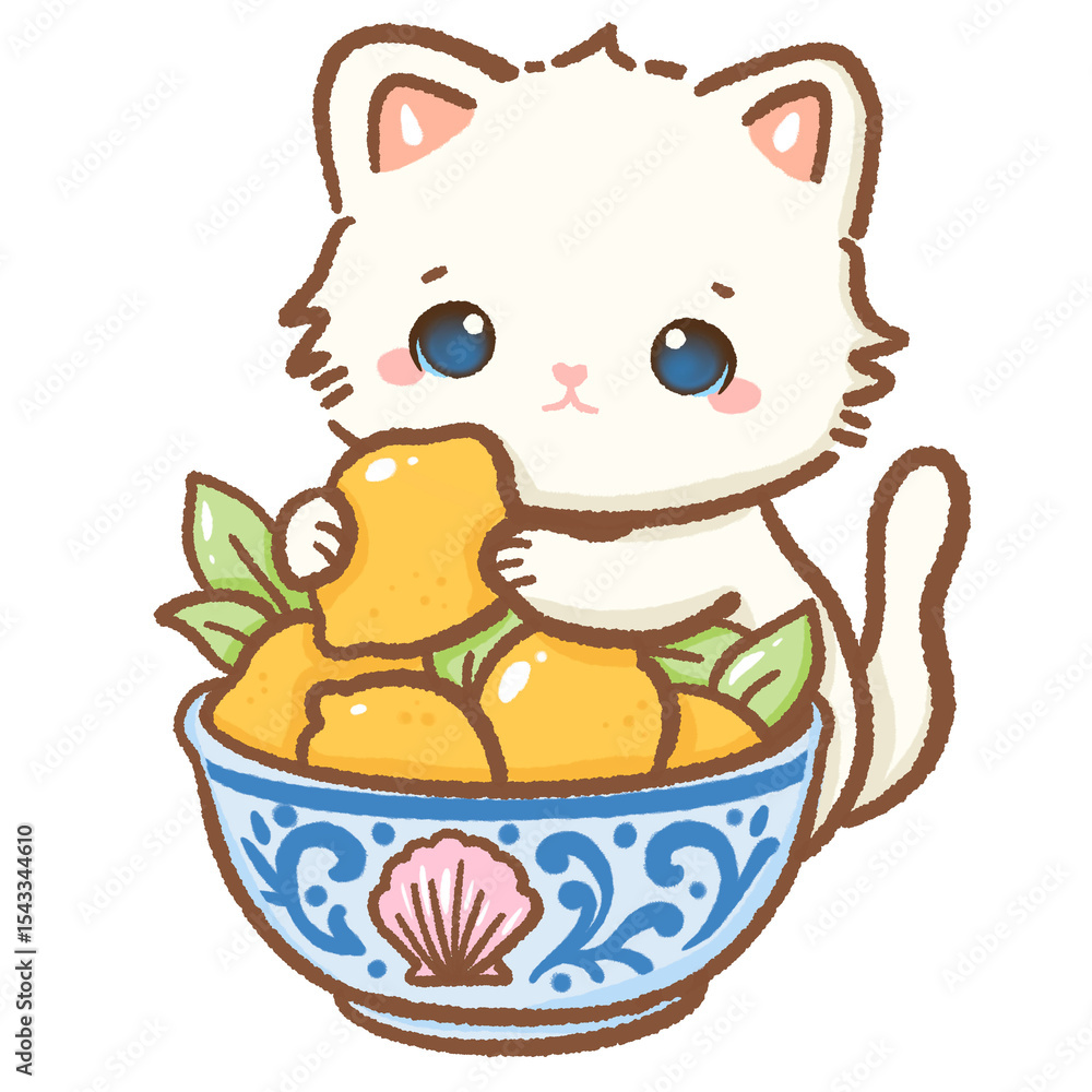 Fototapeta premium Cute Kawaii White Cat holding a jar of lemons Summer Clipart for Amalfi Coast, Travel Art, Stickers, Scrapbooking, Kids Designs, Coastal Holiday Decor