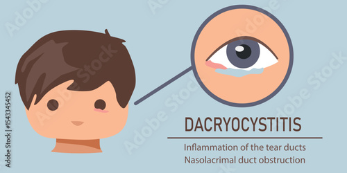 Vector illustration of dacryocystitis showing child with inflamed tear duct, swollen eye and blocked nasolacrimal system