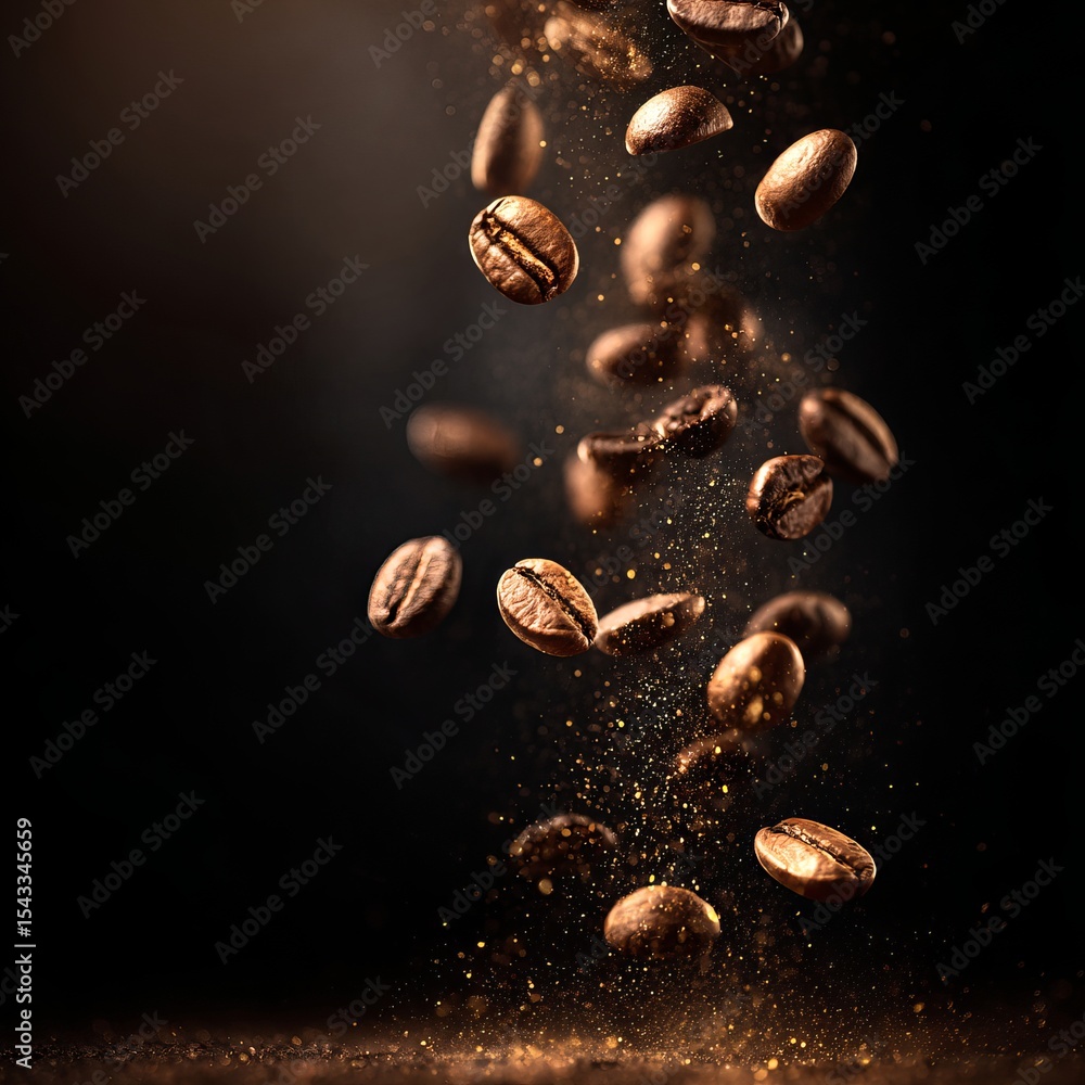 Coffee beans cascading gracefully in a dynamic shot, against a dark background Coffee beans cascading gracefully in a dynamic shot, against a dark background