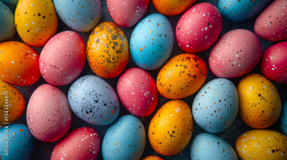 Top view of pastel Easter eggs with red speckles, arranged in a soft pink background. A clean and minimal composition with a light, cheerful holiday vibe. Top view of pastel Easter eggs with red speckles, arranged in a soft pink background. A clean and minimal composition with a light, cheerful holiday vibe.