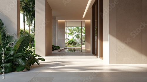 A residential living space featuring an indoor water feature, natural ventilation through large operable windows, and direct views to a serene garden, promoting tranquility and a connection