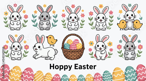 Cartoon easter bunnies with chicks basket and decorated eggs for hoppy easter celebration