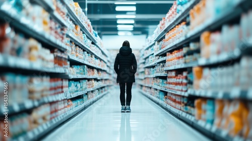 An individual stands alone in the supermarket aisle, surrounded by colorful products, capturing a moment of solitude that reflects contemporary consumer culture and personal experience.