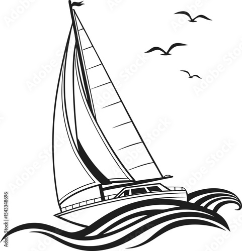 A luxurious sailing yacht cruises the ocean waves, its white sails billowing in the summer wind