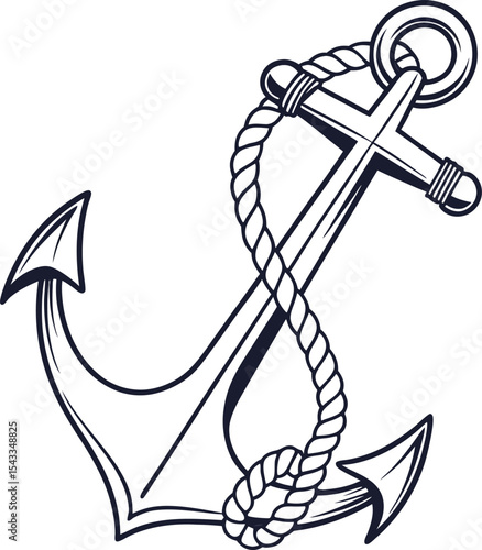 Nautical anchor with rope, a heavy metal marine symbol illustration on a white background