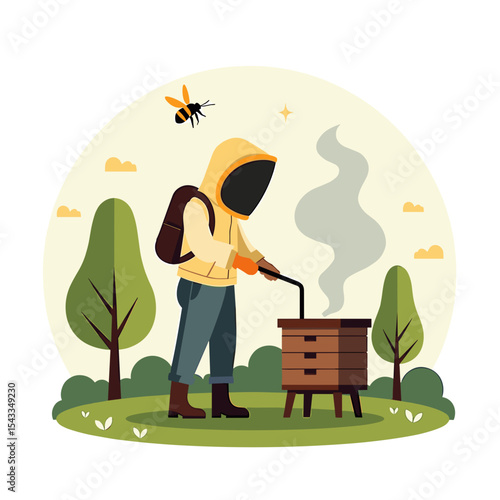 Beekeeper Using Smoker on Beehive with Flying Bee in a Flat Vector Illustration