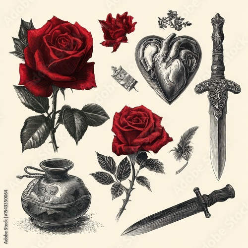 Detailed illustration of roses, a heart, a dagger, and a decorative vase.