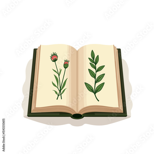 Open Book with Botanical Illustrations of Thistle and Green Leaves, Vintage Style Education