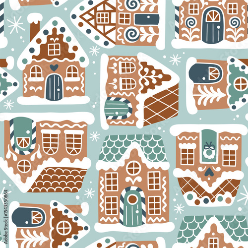 Seamless vector pattern with cute gingerbread houses and Christmas trees. Perfect for textile, wallpaper or nursery print design. EPS 10 vector file.	