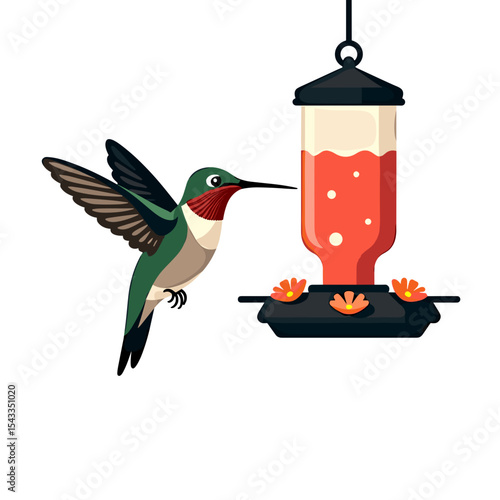 Illustration of a Ruby-Throated Hummingbird Feeding from a Red Nectar Feeder with Flower Accents