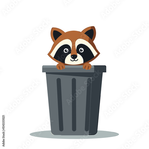 Cartoon Raccoon Peeking Out of a Gray Trash Can Illustration, Vector Image