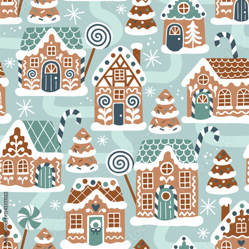 Seamless vector pattern with cute gingerbread houses and Christmas trees. Perfect for textile, wallpaper or nursery print design. EPS 10 vector file.	