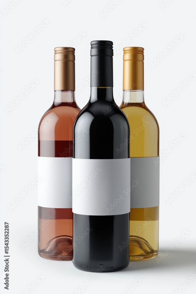 Obraz premium Assorted wine bottles with blank labels: red, rosé, and white wine display