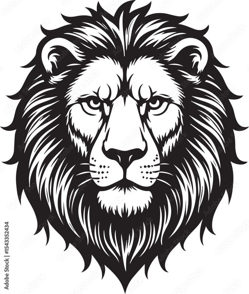 Fototapeta premium Majestic Lion Portrait: An exquisite black and white illustration of a lion, showcasing its striking mane and regal gaze.