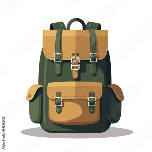 Green and Tan Backpack with Straps and Buckles, Isolated on White Background Illustration