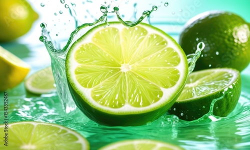 Fresh lime splash in green water with vibrant citrus drops