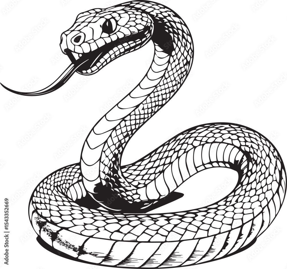 Fototapeta premium Serpentine Majesty: A meticulously detailed grayscale depiction of a coiled snake, its forked tongue extended, showcasing the intricate patterns of its scales.