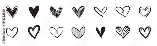 Doodle hearts hand drawn love hearts, Thirty hand drawn black hearts valentine's day setvector illustration.
